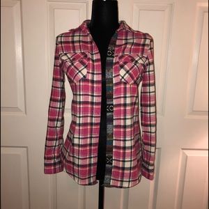 SOLD! embroidered Pink plaid button down. small